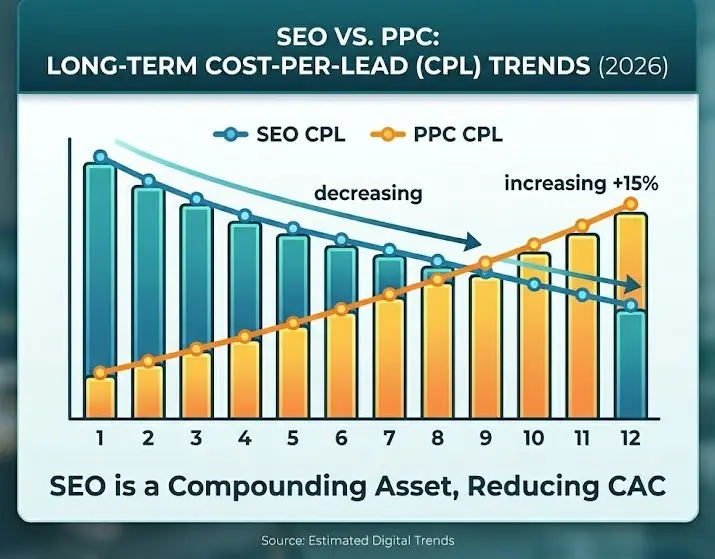 Marketing chart comparing SEO vs PPC cost-per-lead trends in 2026 showing decreasing CAC for organic search over 12 months.