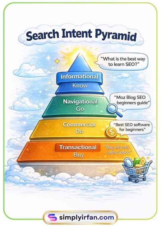 A pyramid diagram representing the four types of search intent: Informational, Navigational, Commercial, and Transactional.