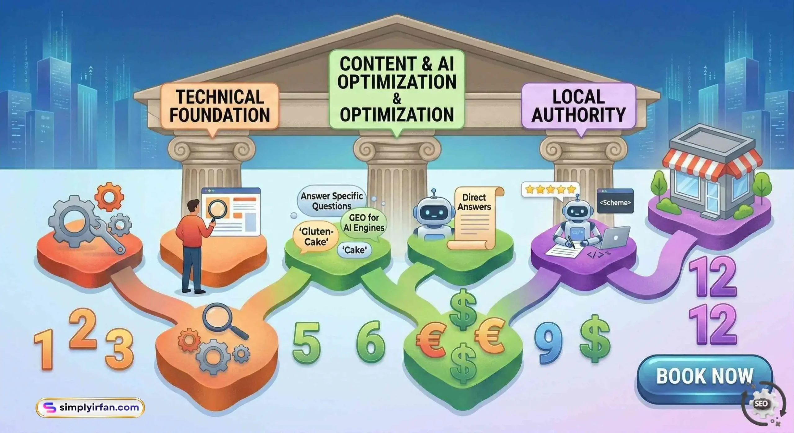 A visual timeline showing the 12-month growth impact of consistent SEO services for a small business website.