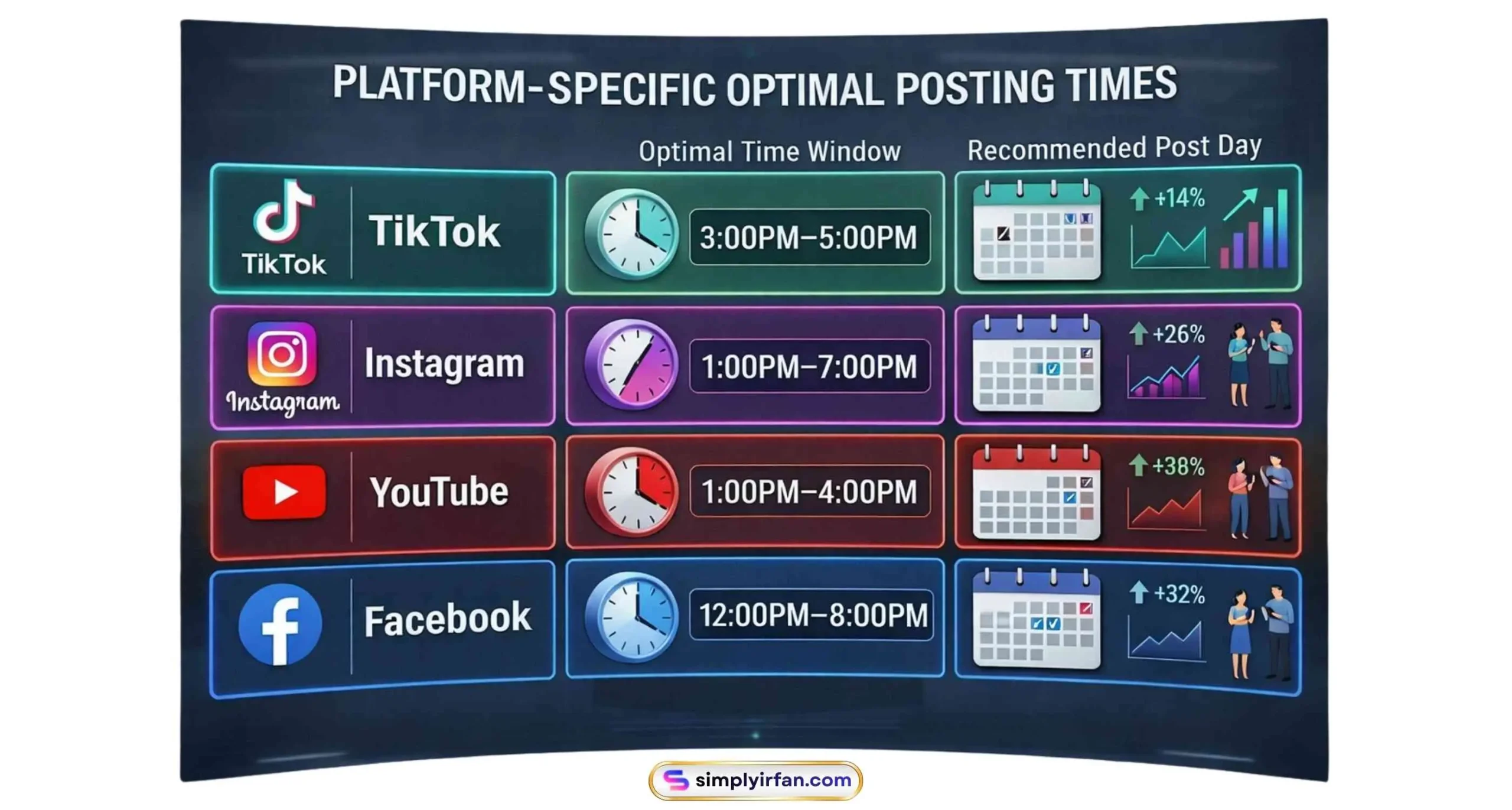 Infographic showing platform-specific optimal posting times for 2026 for TikTok (3 PM-5 PM), Instagram (1 PM-7 PM), YouTube (1 PM-4 PM), and Facebook (12 PM-8 PM) with engagement trends.