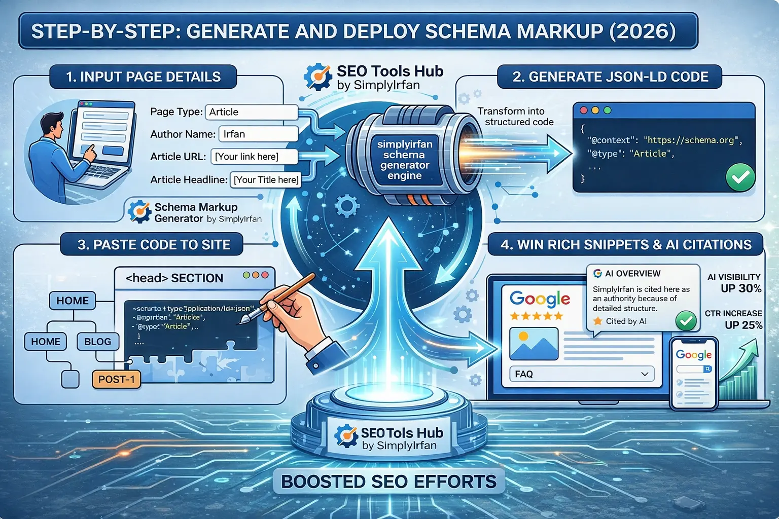 A detailed step-by-step infographic illustrating how to generate and deploy schema markup using the free online tool by SimplyIrfan in 2026. The 4-step circular flow begins with '1. INPUT PAGE DETAILS' (form on a laptop), moves to '2. GENERATE JSON-LD CODE' (the SimplyIrfan schema generator engine validating code), progresses to '3. PASTE CODE TO SITE' (adding code to the <head> section), and concludes with '4. WIN RICH SNIPPETS & AI CITATIONS' (showing an enhanced Google result and an 'AI OVERVIEW' citation box, citing SimplyIrfan as the authority). Statistics show a visibility increase of 30% and a CTR increase of 25%.