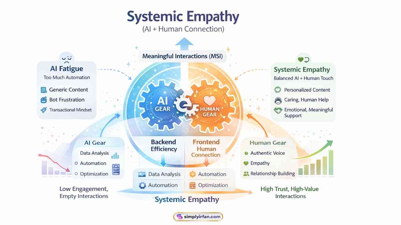 This Online Marketing infographic visualizes the symbiotic relationship between artificial efficiency and human authenticity. It contrasts generic "AI Fatigue" with the high-conveersion "Systemic Empathy" model. The center shows interlocking gears where the AI and Human components must balance. The graphic clearly designates different roles: AI is for backend efficiency, and the Human is for frontend voice and unscalable connections.