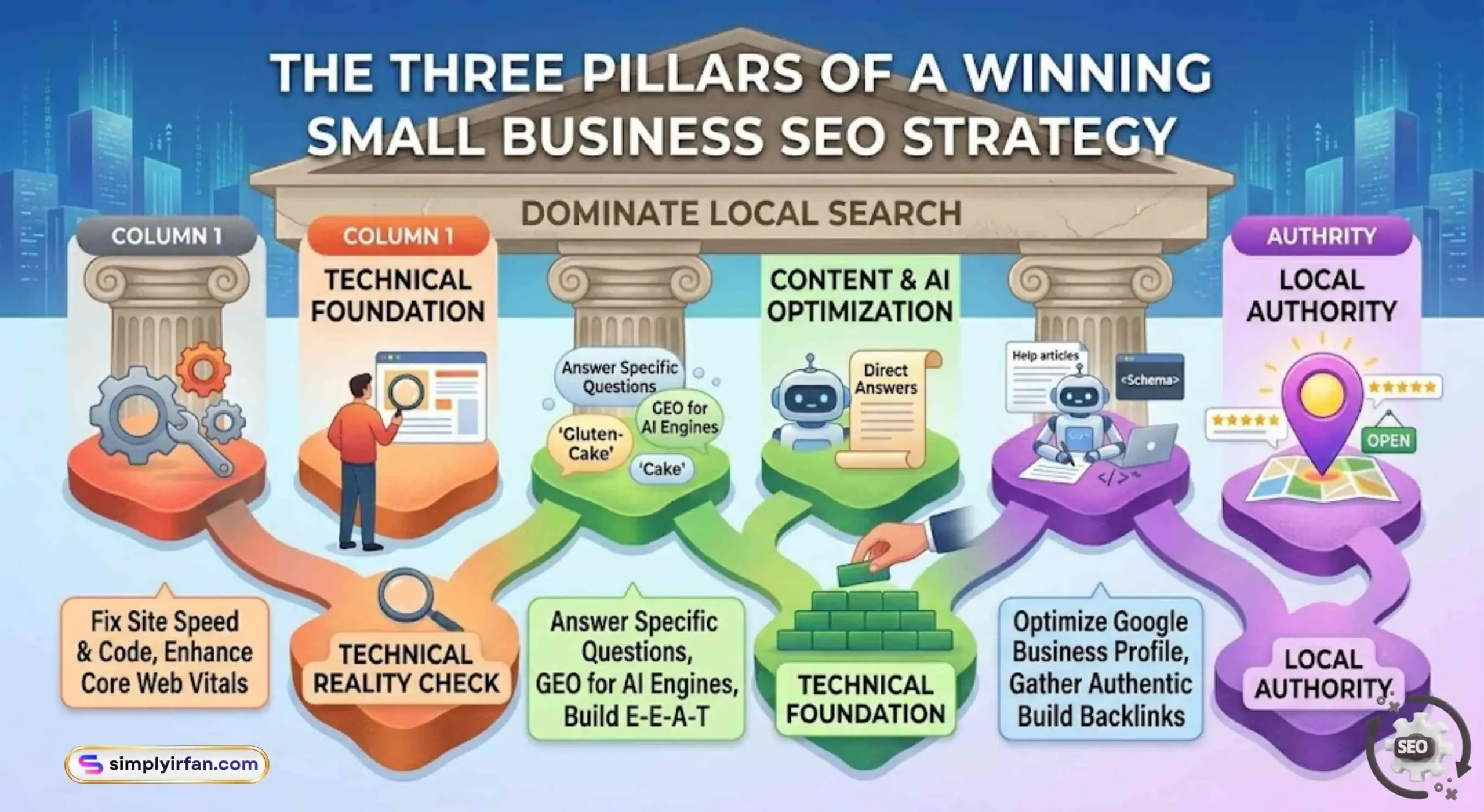 A diagram illustrating the three pillars of small business SEO: Technical Foundation, Content & AI Optimization, and Local Authority.