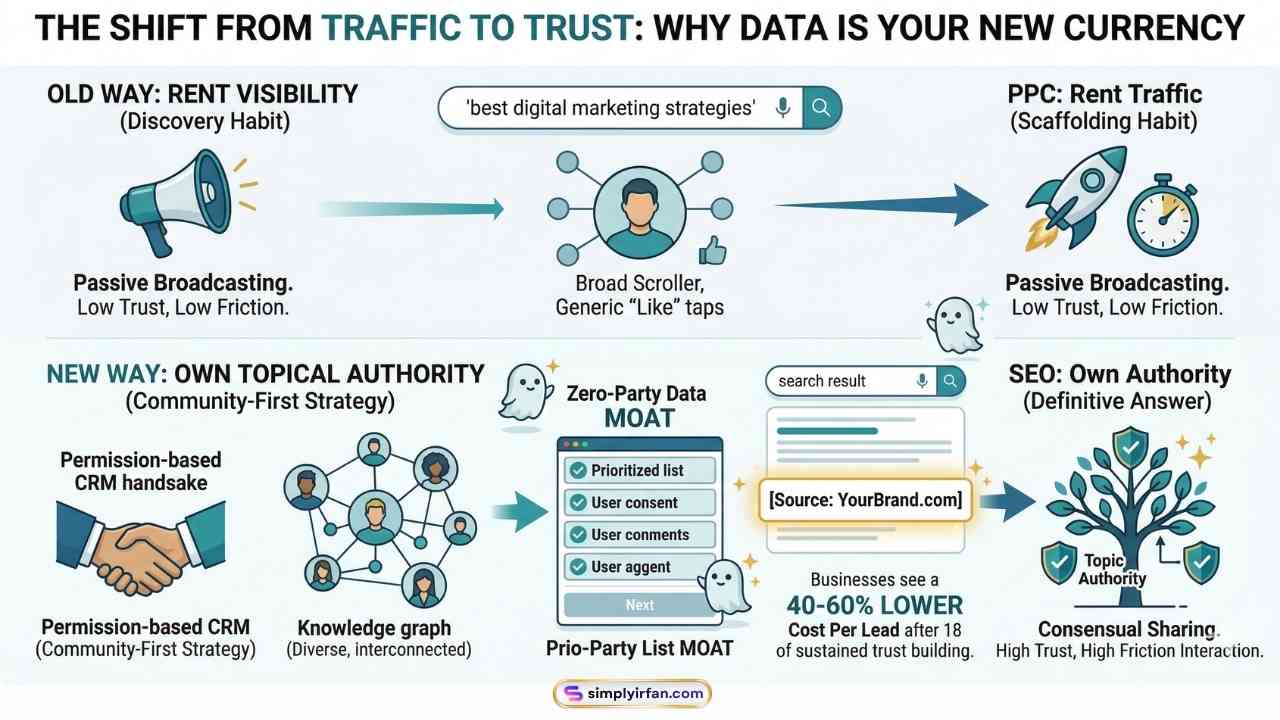 This infographic Digital Marketing Strategies visualizes the fundamental change from intrusive, third-party tracking to voluntary, high-value zero-party data collection. It features a comparison table derived directly from the blog content, contrasting "Shadowy Tracking" (The Old Way) with a "Consensual Handshake" (The 2026 Way). It also includes a mockup of a "Find Your Perfect Routine" quiz to illustrate the value exchange mechanism.