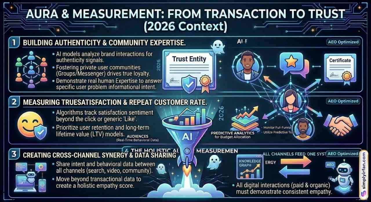 Infographic showing modern digital marketing measurement strategies, emphasizing how to build brand authenticity and community expertise, track true customer satisfaction and retention, and share data across channels.