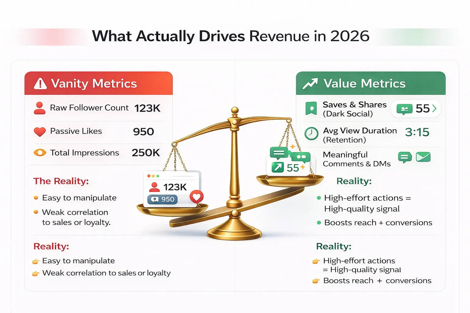 A comparison chart weighing social media vanity metrics like follower count and likes against value metrics like saves, shares, and meaningful comments to determine true marketing ROI.