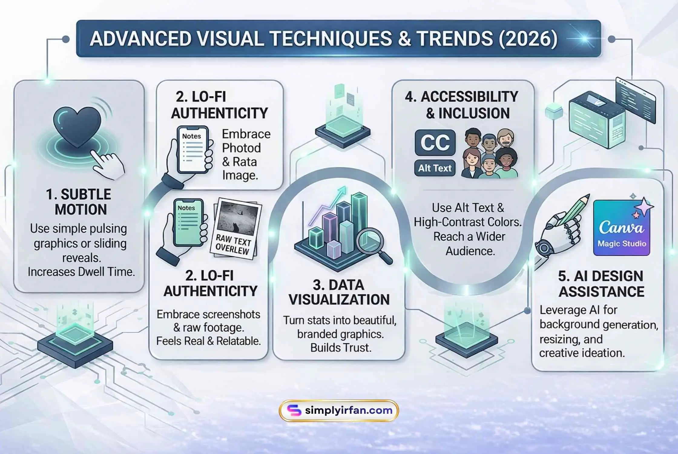 A dynamic infographic diagram titled 'ADVANCED VISUAL TECHNIQUES & TRENDS (2026)'. It illustrates five connected concepts using futuristic icons and data streams: 1. Subtle Motion (glowing heart), 2. Lo-Fi Authenticity (Notes app), 3. Data Visualization (3D charts), 4. Accessibility (diverse faces, CC logo), and 5. AI Design Assistance (robotic hand with pencil). The style is technological with mint green accents.