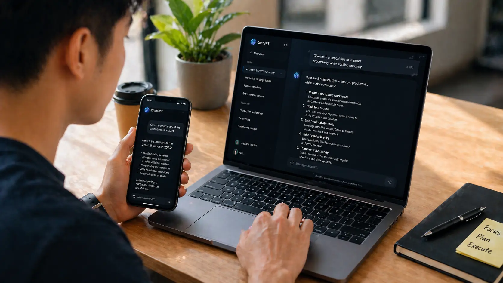 Person using AI assistant on smartphone and laptop in modern workspace for study and productivity