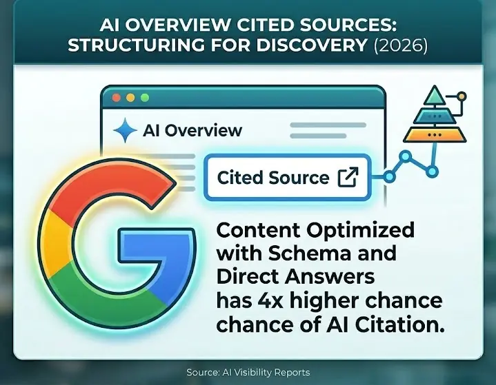SEO infographic for AI Overviews showing how structured content with schema markup is 4x more likely to be a cited source.