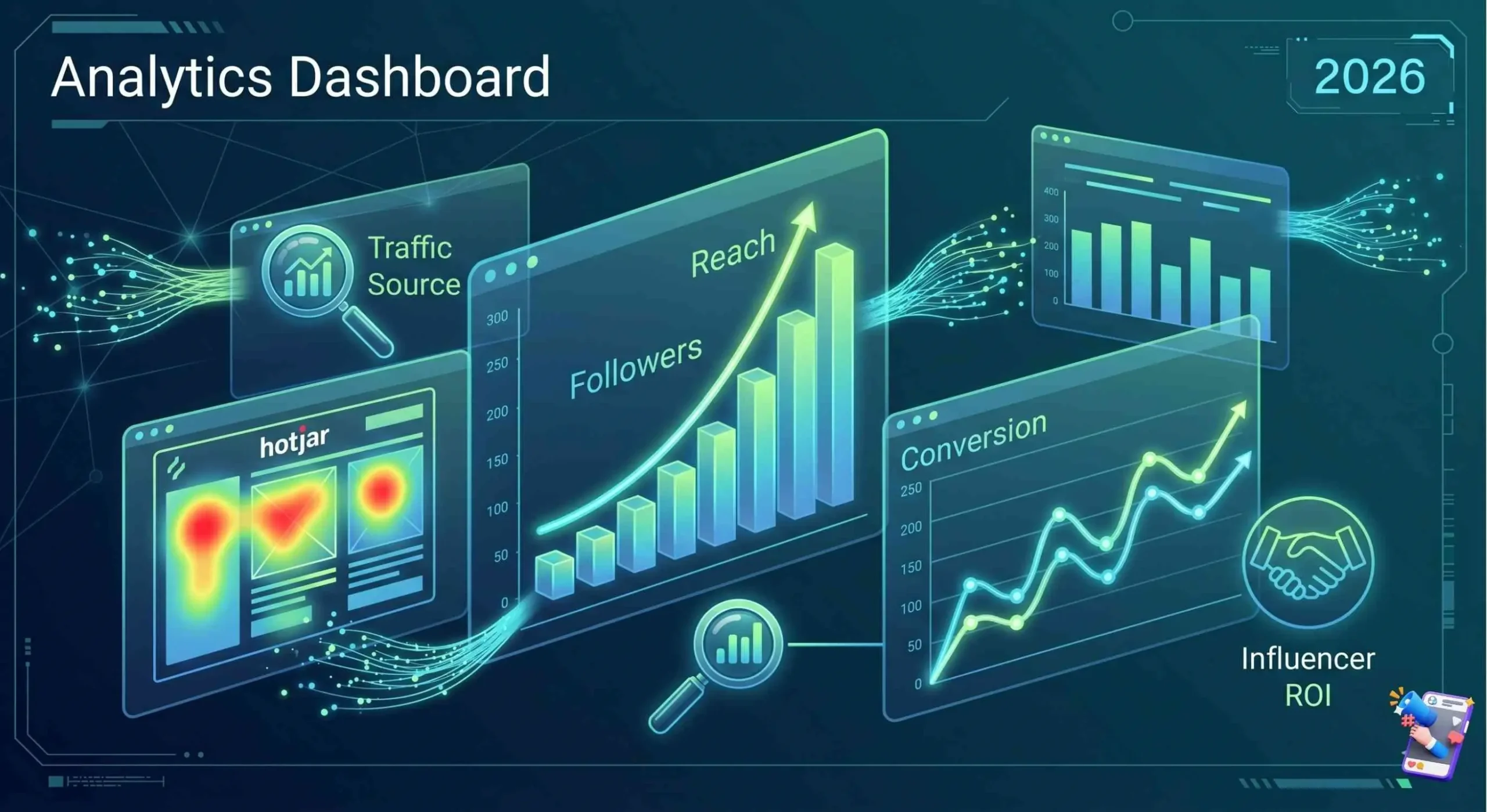 A 2026 social media analytics dashboard displaying 3D bar graphs for follower reach, line charts for conversion rates, and website heatmaps for traffic sources.