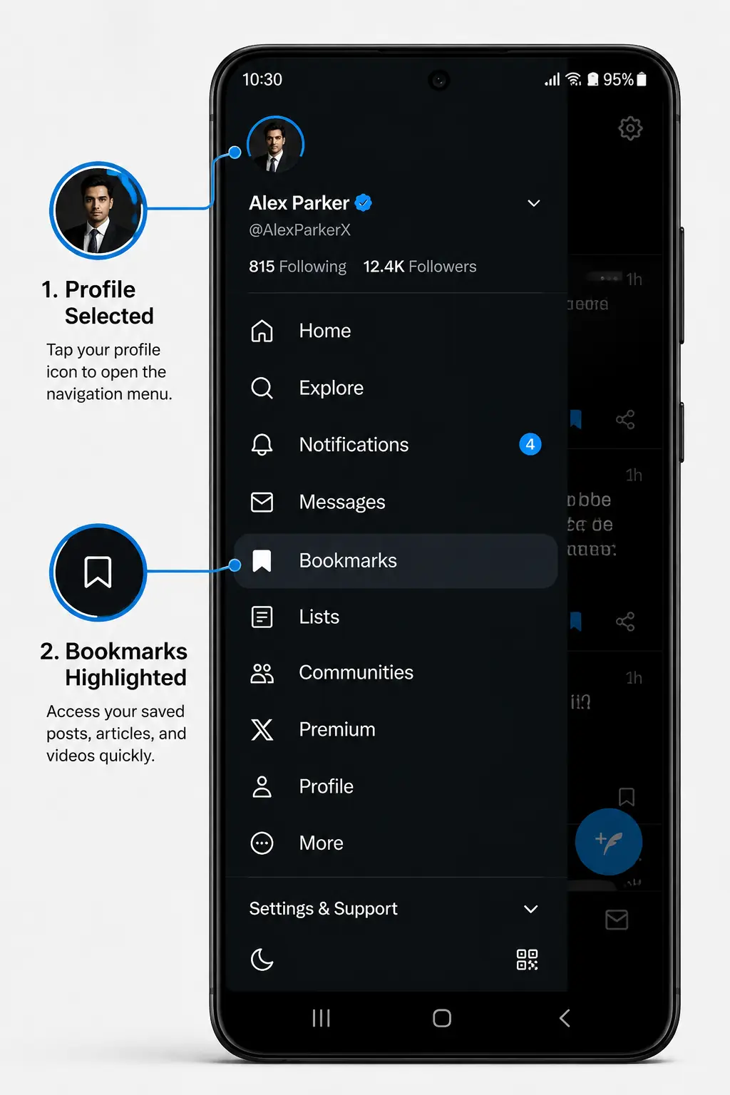 Bookmarks option located inside the X app side menu on Android devices.