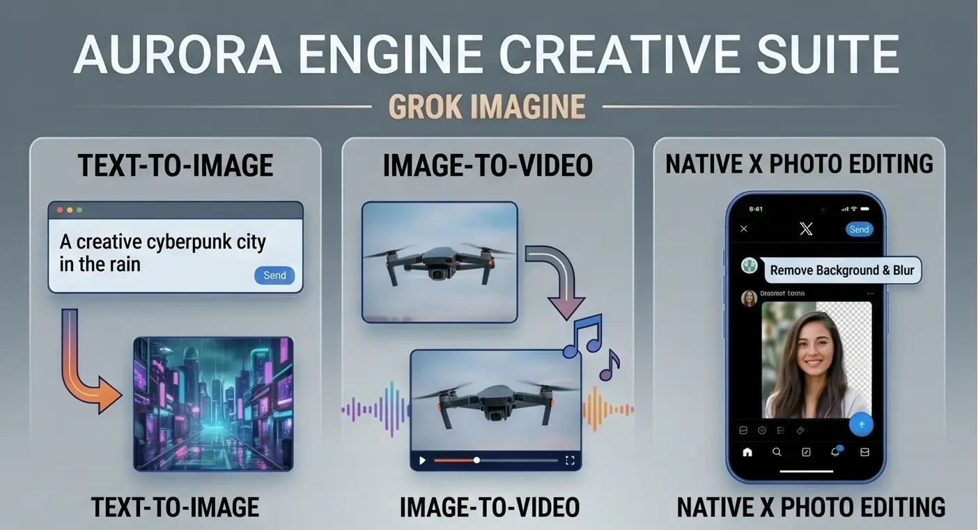 Visual breakdown of Grok Imagine features powered by the Aurora Engine, including text-to-image generation, image-to-video with synchronized native audio, and native photo editing inside the X app.