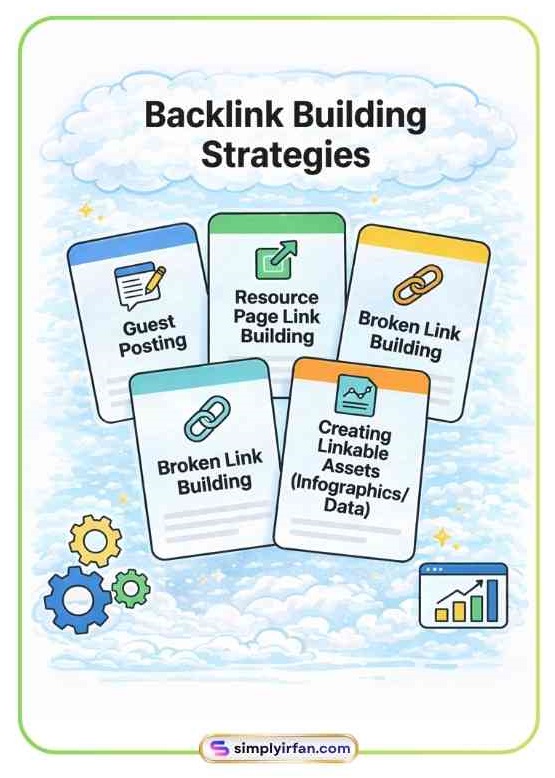 Four cards showing different backlink building strategies: Guest Posting, Resource Pages, Broken Link Building, and Linkable Assets.
