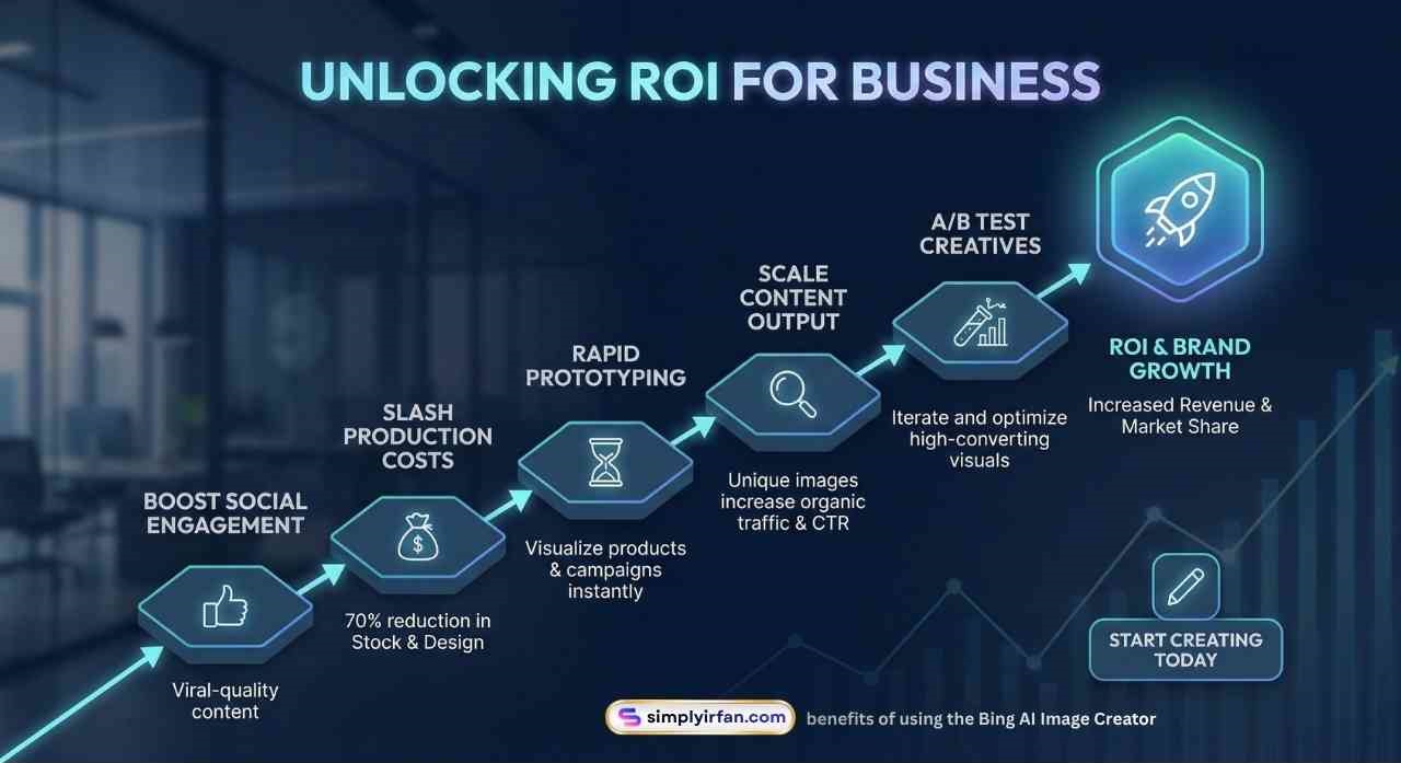 The final image visualizes the business benefits of using the Bing AI Image Creator. It uses a dynamic, ascending flowchart to illustrate the journey from boosting social engagement and slashing production costs to rapid prototyping, scaling content output, and ultimately, increasing ROI and brand growth. This infographic is designed to be a powerful tool for persuading stakeholders of the value of AI-generated content.