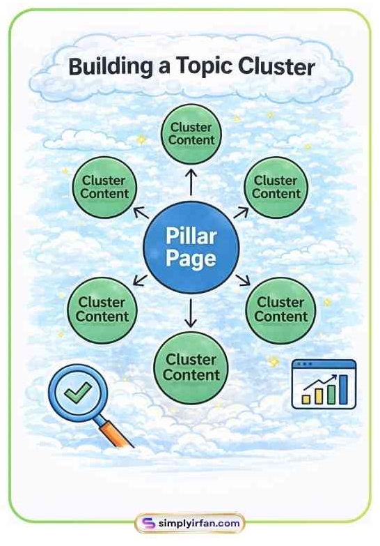 Diagram of a topic cluster model showing a central Pillar Page connected to multiple specific Cluster Content pages via internal links.