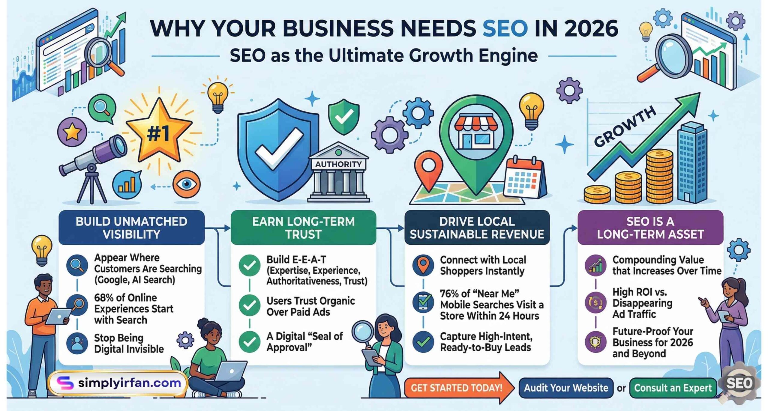 A comprehensive business infographic titled "Why Your Business Needs SEO in 2026: SEO as the Ultimate Growth Engine." The visual is divided into four pillars: 1. Build Unmatched Visibility (appearing in Google and AI searches); 2. Earn Long-Term Trust (building E-E-A-T and organic authority); 3. Drive Local Sustainable Revenue (connecting with local shoppers via 'near me' searches); and 4. SEO is a Long-Term Asset (highlighting compounding ROI vs. disappearing ad traffic). The design features modern business icons, growth charts, and diverse professionals in a clean, professional layout.