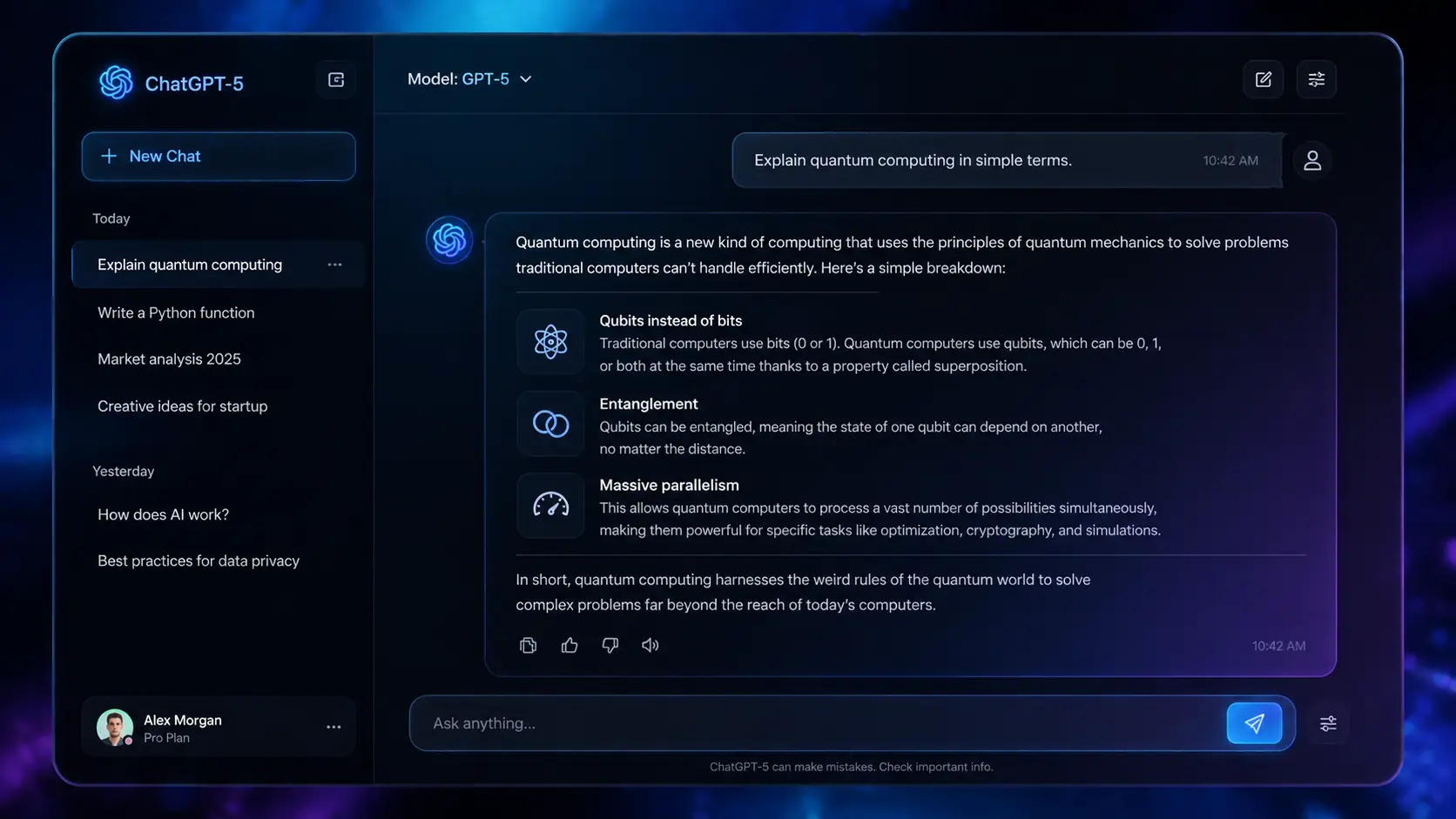 Modern AI chat interface showing intelligent assistant conversation with structured responses