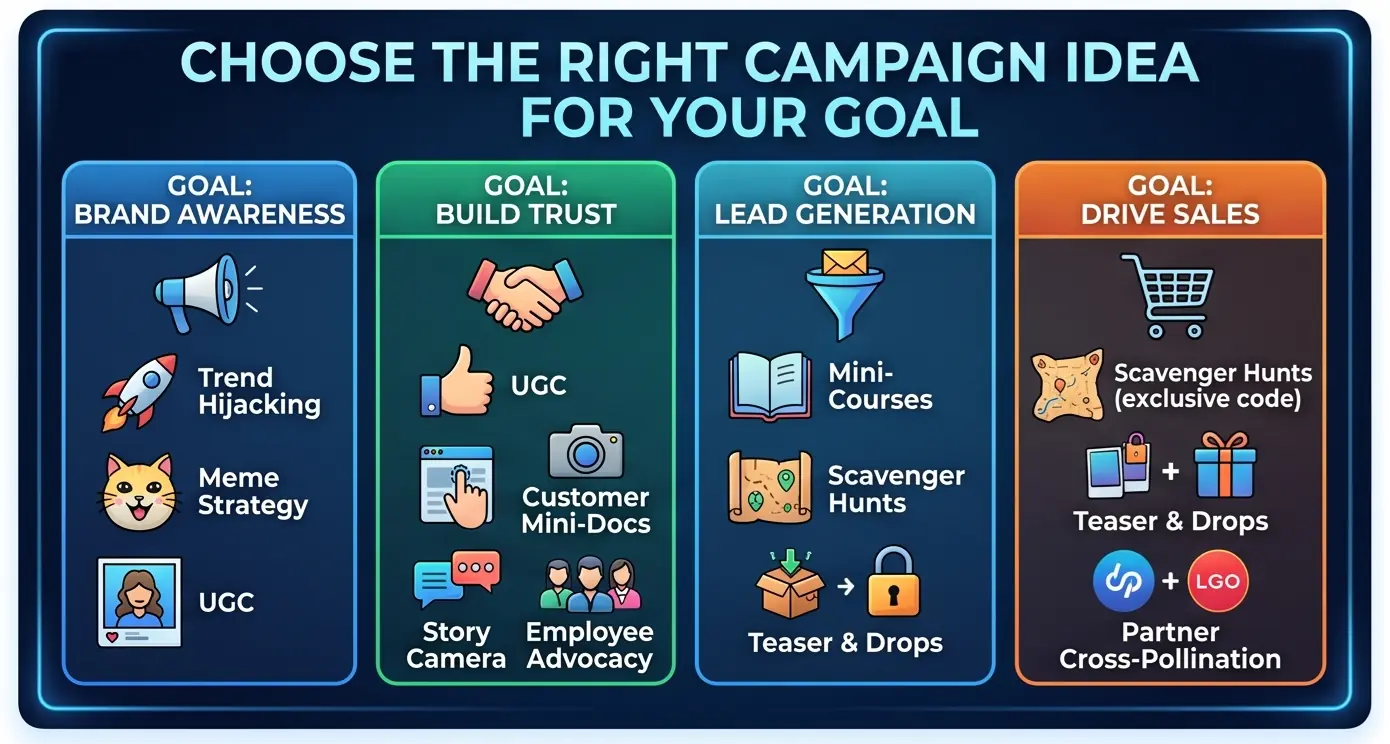 A column-style infographic titled 'CHOOSE THE RIGHT CAMPAIGN IDEA FOR YOUR GOAL'. It features four distinct vertical columns, matching business goals to digital campaign ideas: Column 1: BRAND AWARENESS (examples: Trend Hijacking, Meme Strategy, UGC); Column 2: BUILD TRUST (examples: UGC, Customer Mini-Docs, Employee Advocacy); Column 3: LEAD GENERATION (examples: Mini-Courses, Scavenger Hunts, Teaser & Drops); and Column 4: DRIVE SALES (examples: Scavenger Hunts, Teaser & Drops, Partner Cross-Pollination).