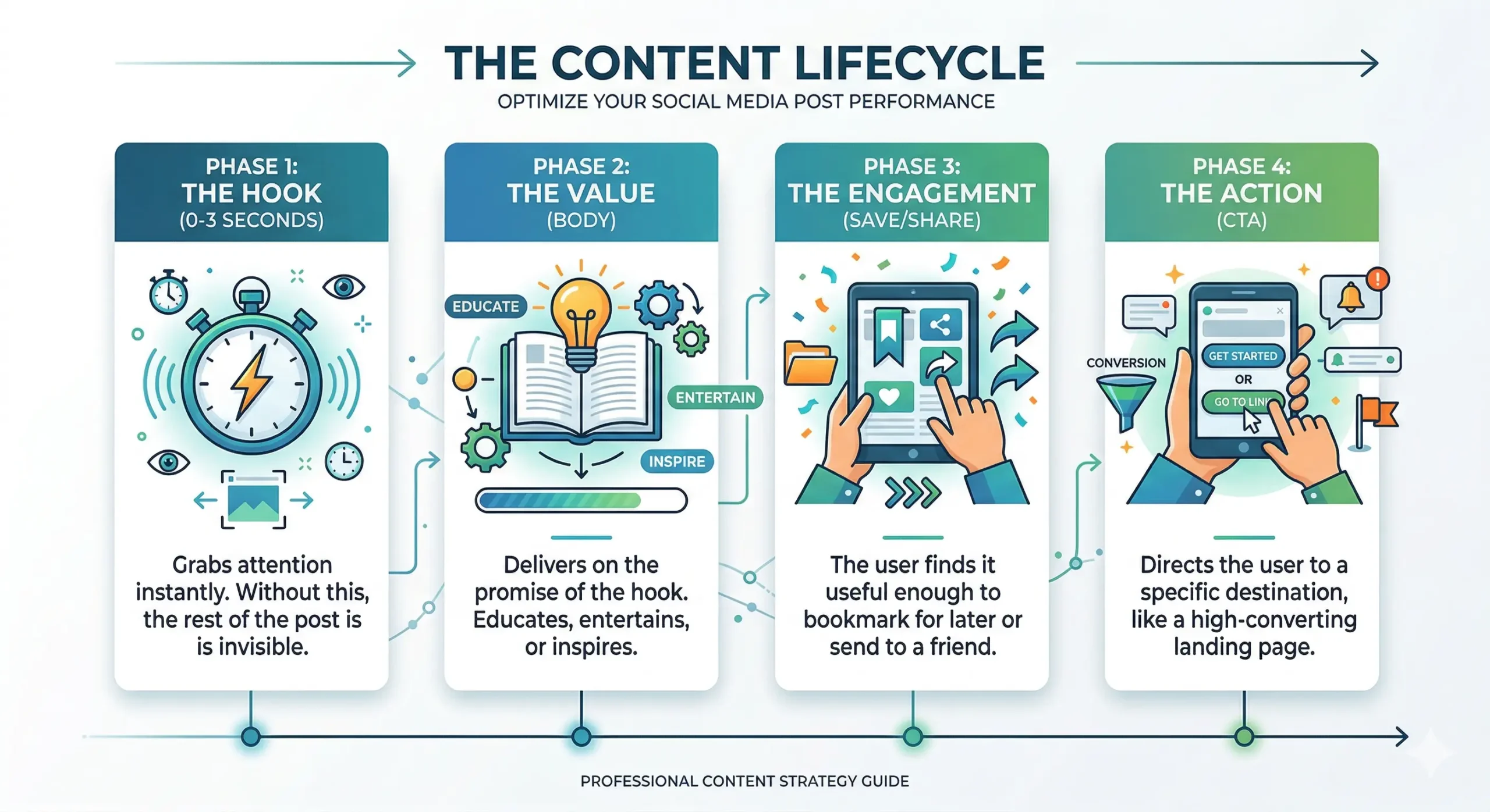 An infographic illustrating 'The Content Lifecycle' for optimizing social media post performance in four distinct phases with distinct icons and descriptions. Phase 1: The Hook (0-3 Seconds) showing a stopwatch and eye icons with text "Grabs attention instantly." Phase 2: The Value (Body) showing a lightbulb over an open book with text "Delivers on the promise... Educates, entertains, or inspires." Phase 3: The Engagement (Save/Share) showing a tablet with arrows and hearts with text "User finds it useful enough to bookmark... or send to a friend." Phase 4: The Action (CTA) showing a smartphone with buttons and a mouse cursor with text "Directs the user to a specific destination, like a high-converting landing page." The overall graphic is a professional flow chart on a pure white background.
