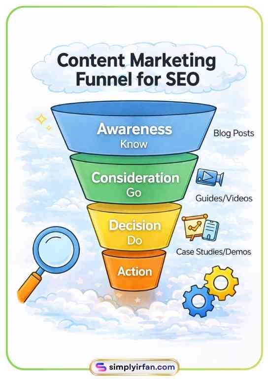Diagram of a content marketing funnel for SEO showing the stages of Awareness, Consideration, Decision, and Action.