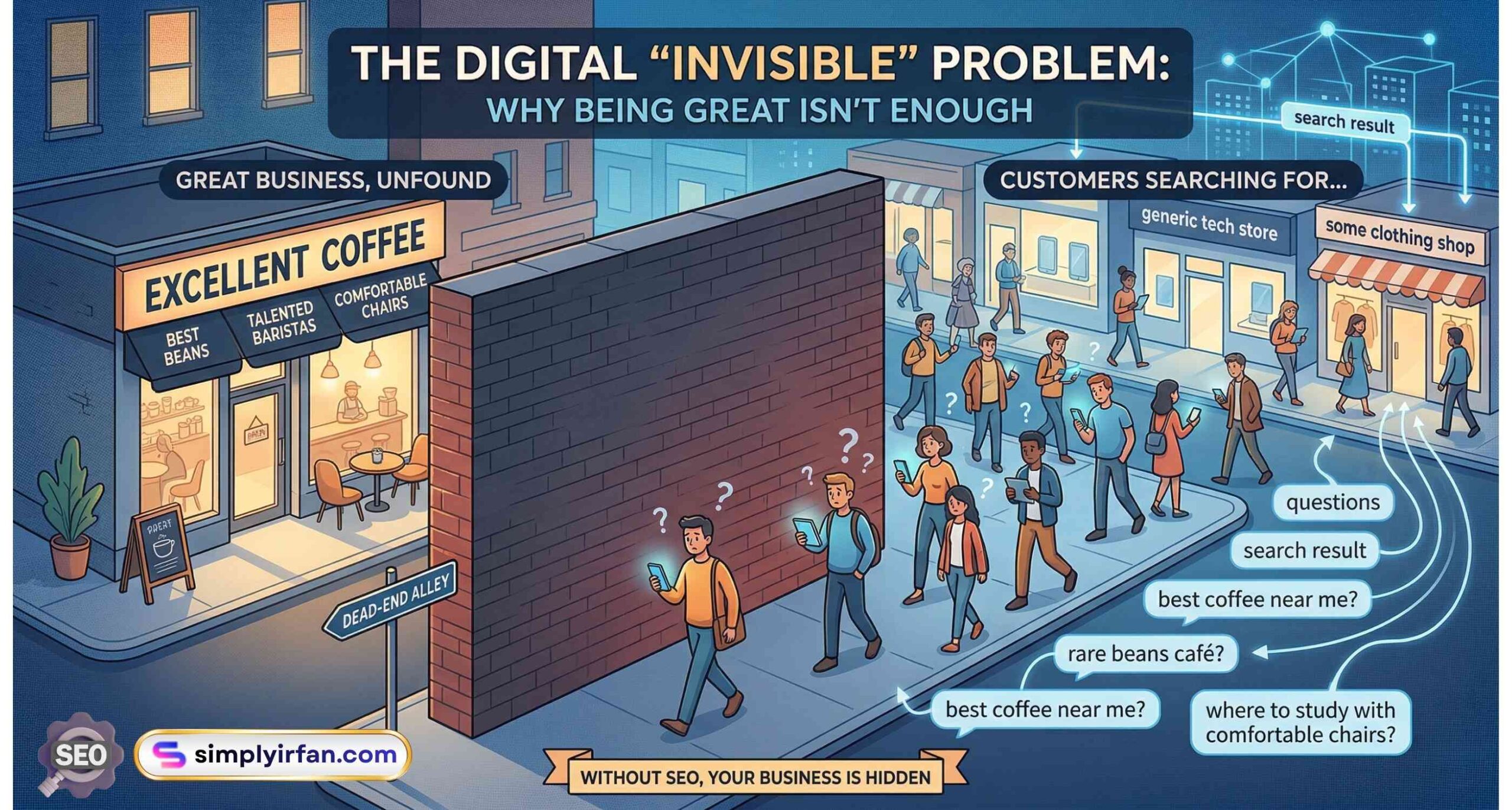 A conceptual infographic titled "The Digital Invisible Problem." It depicts a high-quality "Excellent Coffee" shop with signs for "Best Beans" and "Talented Baristas" tucked away in a dead-end alley, hidden behind a massive brick wall. On the other side of the wall, a busy crowd of customers uses smartphones to search. Speech bubbles show queries like "best coffee near me?" and "where to study with comfortable chairs?" arrows point away from the hidden shop toward visible competitors, illustrating how a great business remains unfound without SEO.