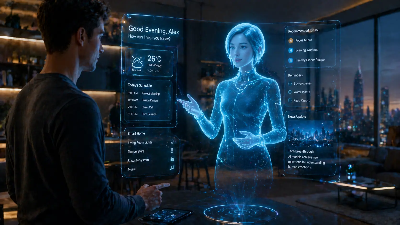 Human interacting with futuristic AI hologram assistant in advanced smart digital environment