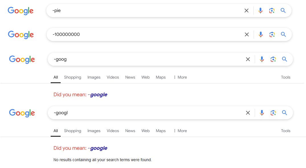 Screenshot showing no results on Google search when using a minus sign in the query