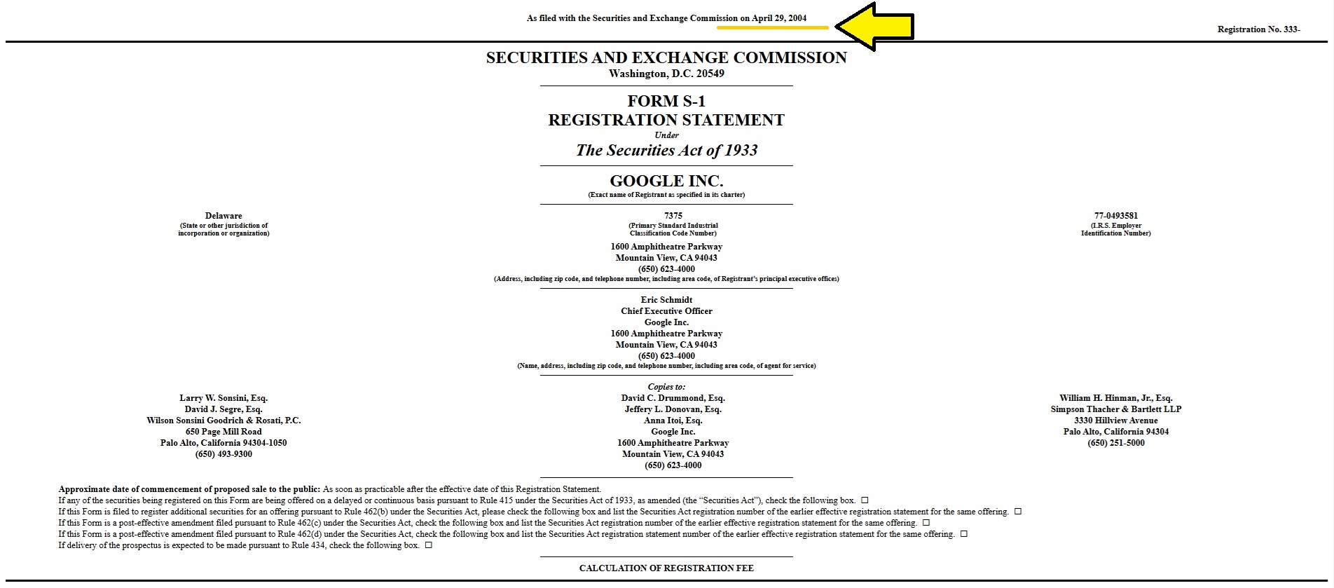 Google’s original public filing shows the date as April 29, 2004.