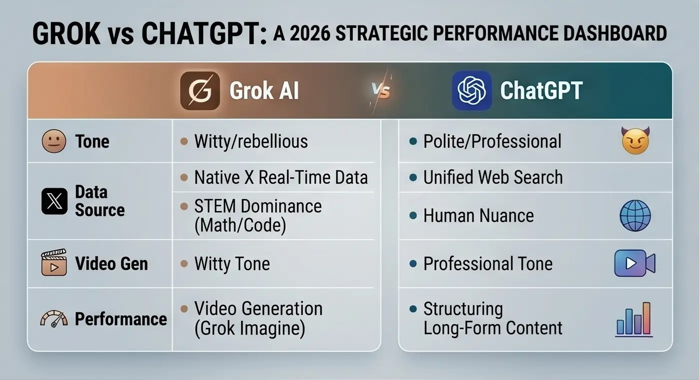 Decision flowchart guiding users to choose between Grok AI for breaking news, math, and fast video creation, or ChatGPT for professional emails and structured long-form content.