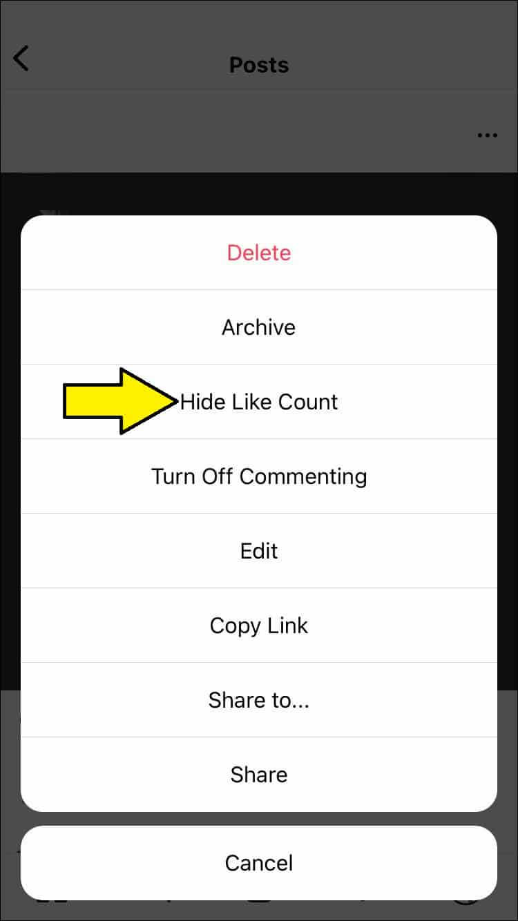 hide Instagram likes after sharing a post: Select "Hide Like Count" from the drop-down menu.