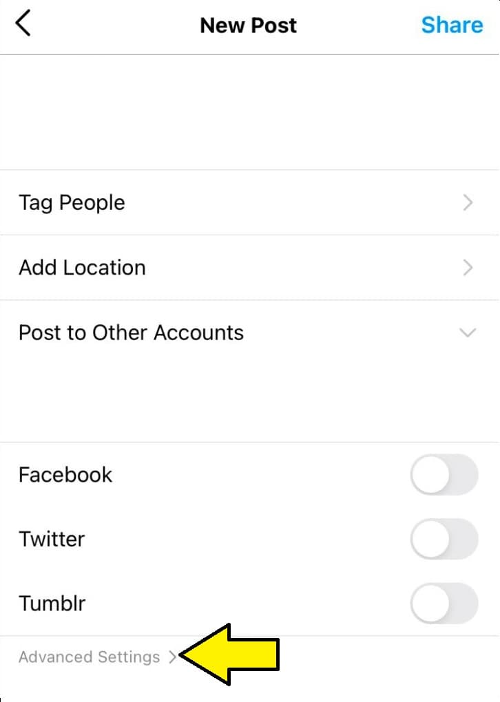hide likes on Instagram app on iPhone: Create a new post as usual. When you're ready to share the post, go to the "Share Screen" page and scroll down to "Advanced Settings."