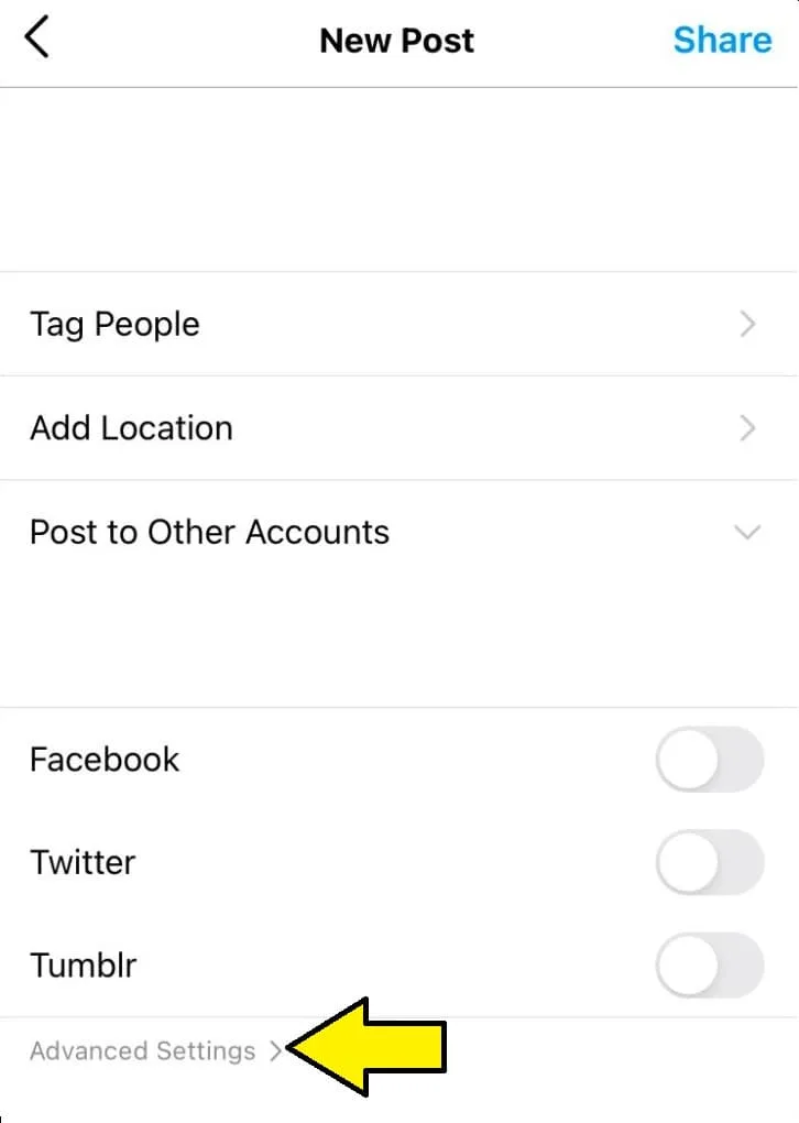 Hide likes on Instagram (iPhone) hide likes on Instagram app on iPhone: Create a new post as usual. When you're ready to share the post, go to the "Share Screen" page and scroll down to "Advanced Settings."