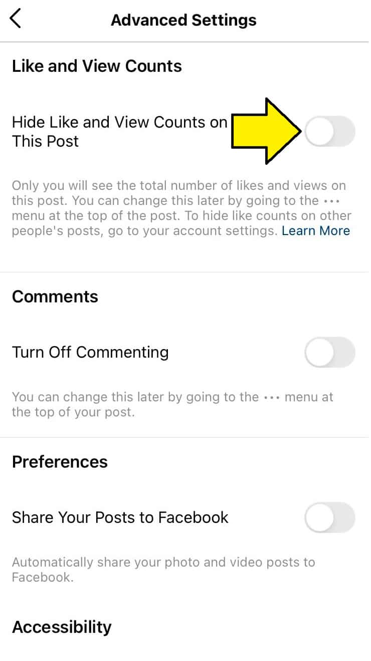 hide likes on Instagram app using iPhone: Toggle the option to "Hide Like and View Counts on This Post."