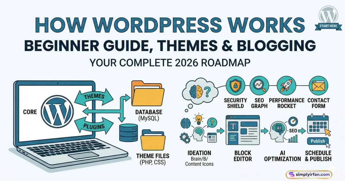 A professional 2026 WordPress guide banner featuring a laptop showing the WordPress core, themes, and plugins architecture alongside a modern blogging workflow infographic including AI optimization and block editing.