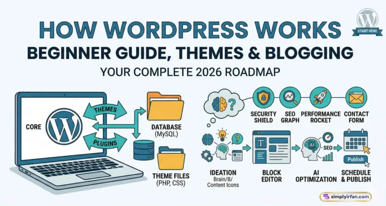 How WordPress Works in 2026: A Beginner’s Guide to Success 2 A professional 2026 WordPress guide banner featuring a laptop showing the WordPress core, themes, and plugins architecture alongside a modern blogging workflow infographic including AI optimization and block editing.