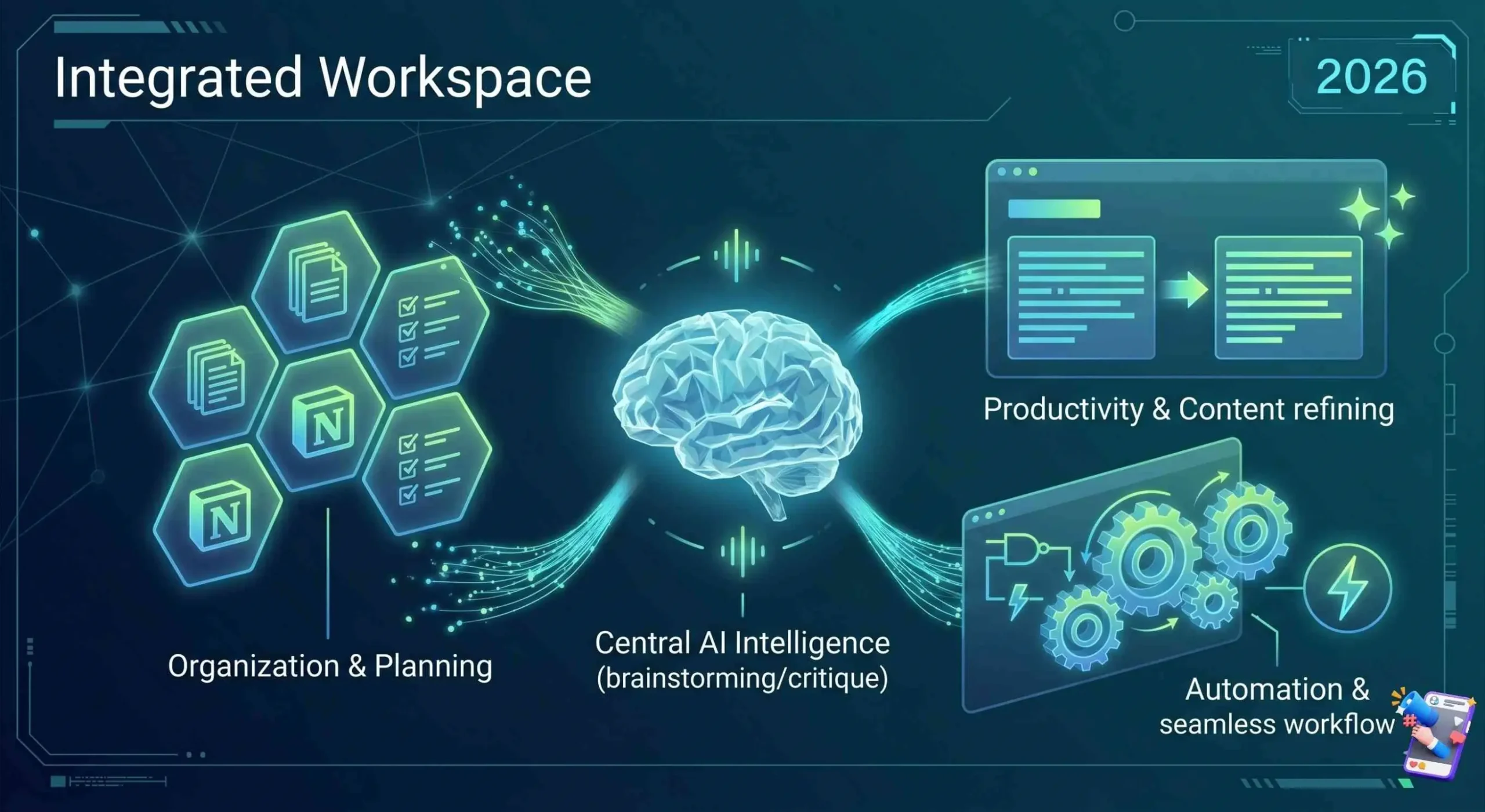 An integrated workspace infographic showing a central AI intelligence connected to organization modules, content refining tools, and seamless workflow automation gears.