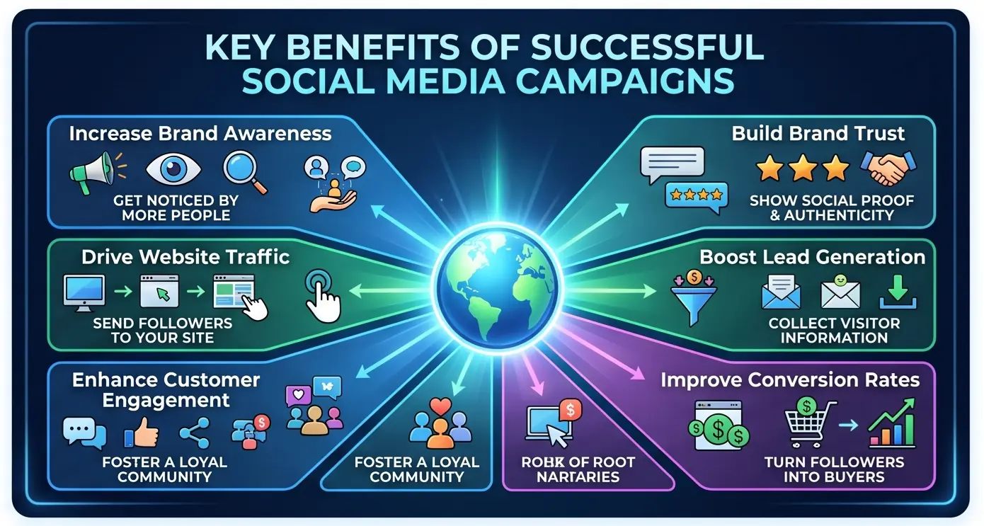 An infographic titled 'KEY BENEFITS OF SUCCESSFUL SOCIAL MEDIA CAMPAIGNS' showing six radiating panels from a central globe. Clockwise from top left, the panels illustrate: Increase Brand Awareness, Build Brand Trust, Drive Website Traffic, Boost Lead Generation, Enhance Customer Engagement, and Improve Conversion Rates. Each benefit includes brief descriptive text and relevant icons.