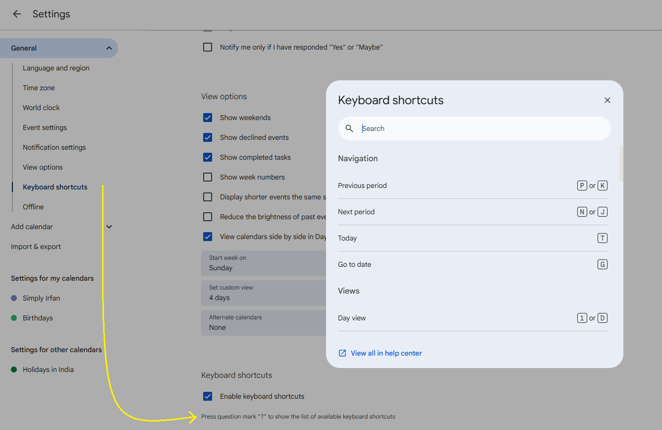 Keyboard Shortcuts in Google Calendar