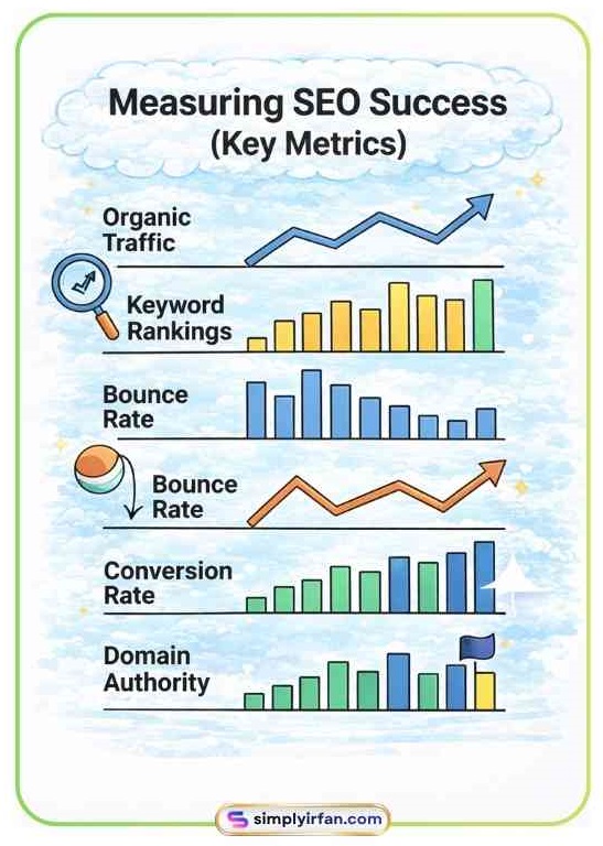 A dashboard graphic showing key SEO metrics to track: Organic Traffic, Keyword Rankings, Bounce Rate, Conversion Rate, and Domain Authority.