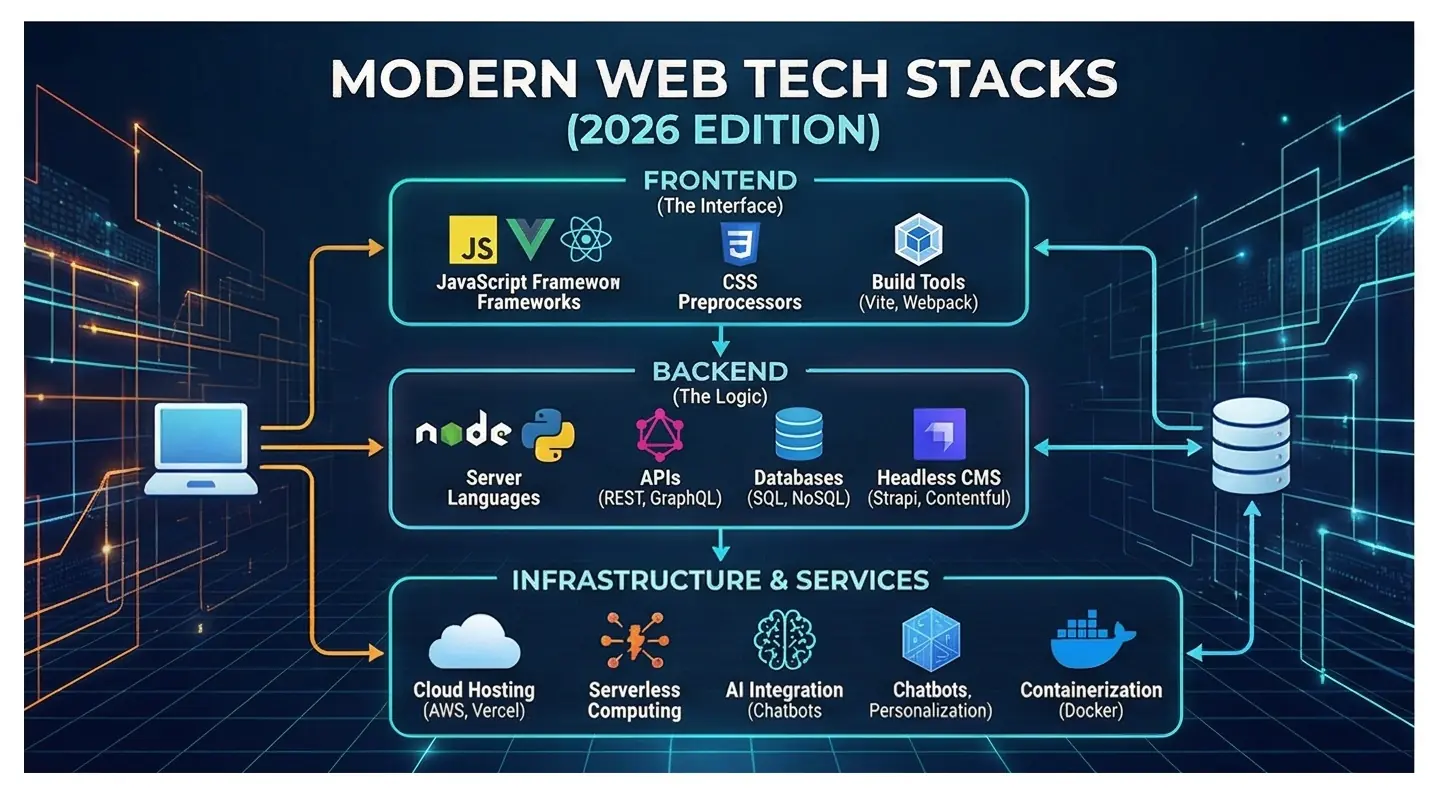 A technical architectural diagram titled "Modern Web Tech Stacks (2026 Edition)." It categorizes technologies into Frontend (JavaScript frameworks like React and Vue), Backend (Node.js, Python, Headless CMS), and Infrastructure (Cloud hosting, AI integration, and Serverless computing).