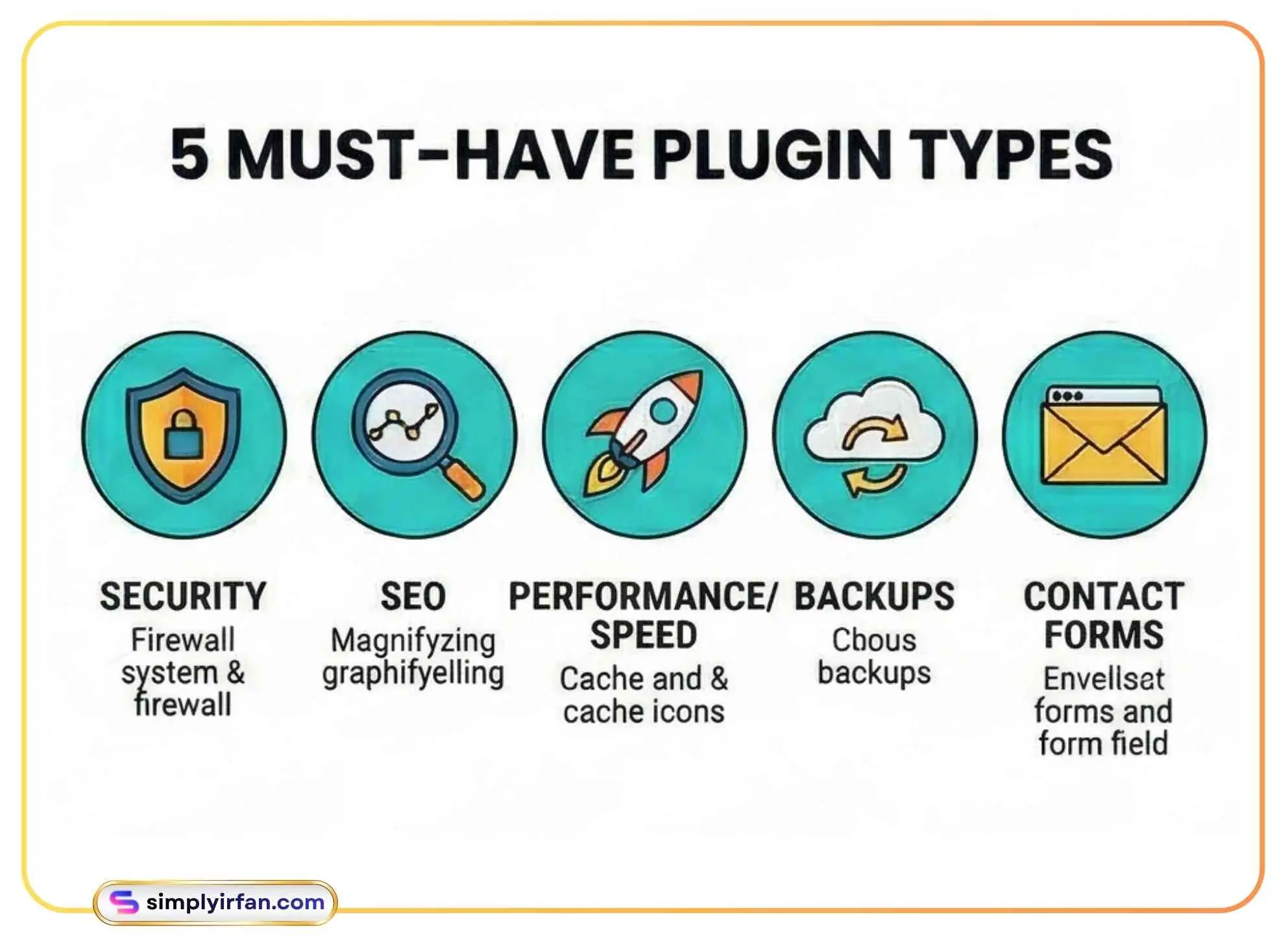 List of 5 essential WordPress plugin types: Security, SEO, Performance Speed, Backups, and Contact Forms.