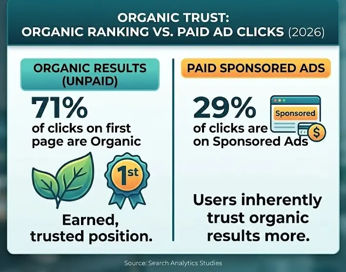 Statistical graphic showing 71% of search clicks are organic vs 29% for sponsored ads to illustrate consumer trust in 2026.