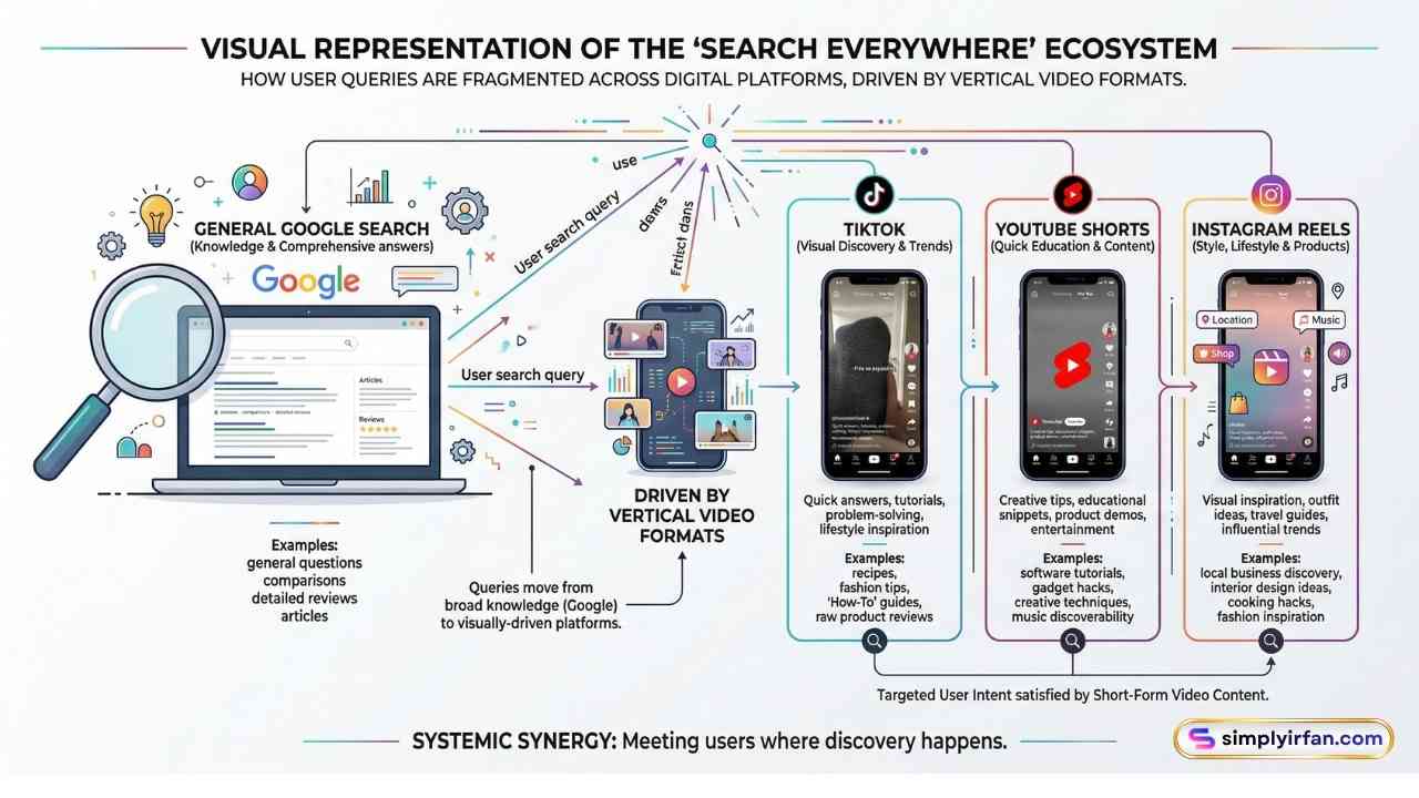 Visual representation of the 'Search Everywhere' ecosystem, demonstrating how user queries are fragmented across Google, TikTok, YouTube Shorts, and Instagram, driven by vertical video formats.