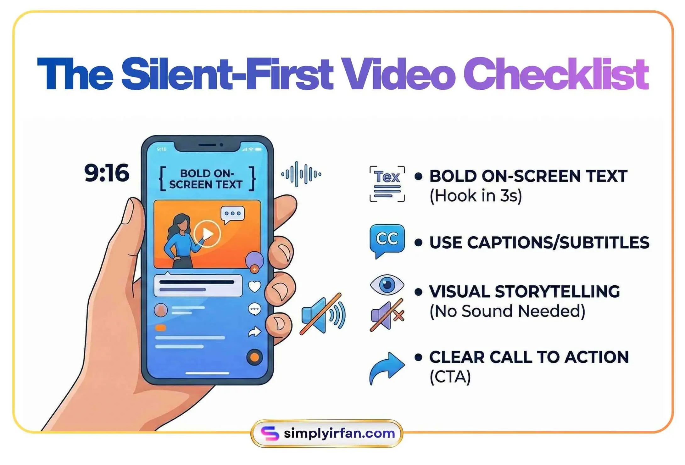 An checklist icon next to a smartphone displaying a vertical video with bold text overlays.