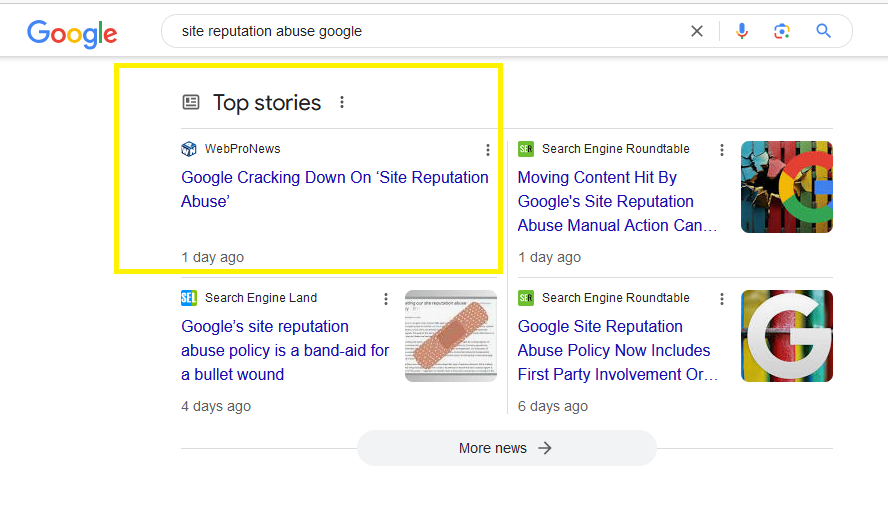 google site reputation abuse top stories.