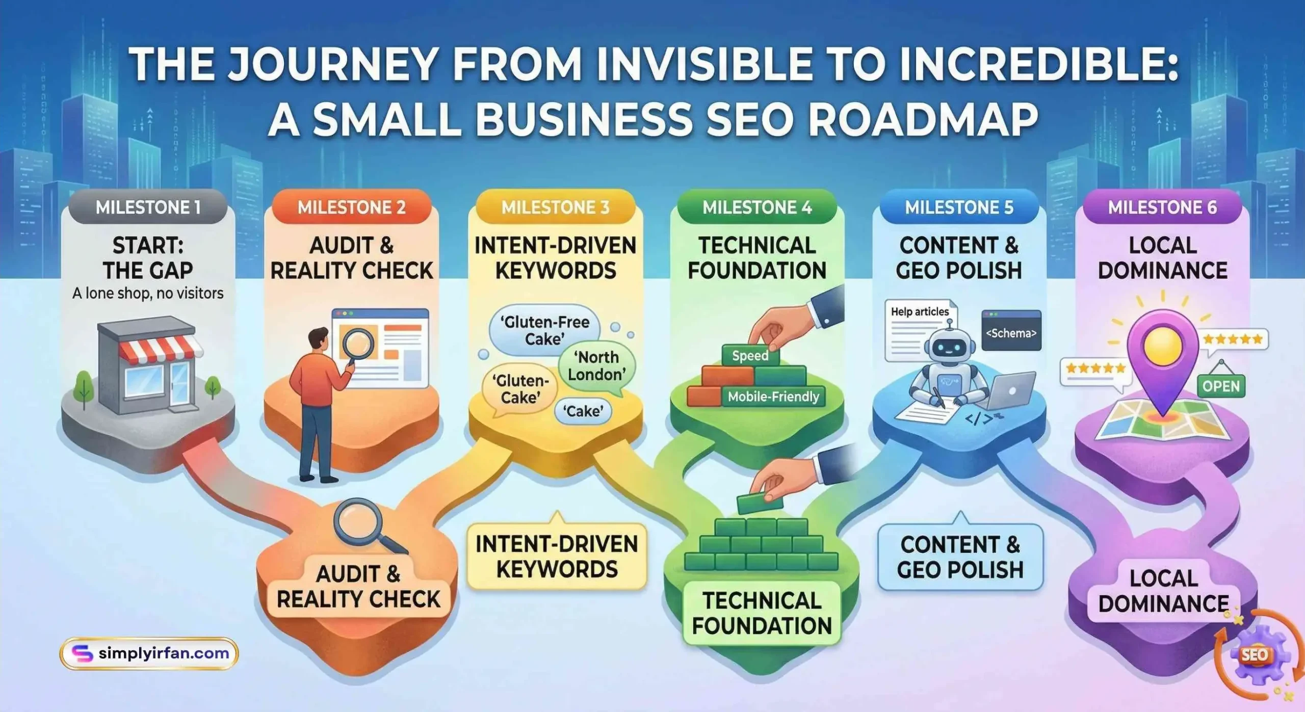 Infographic showing a 6-step small business SEO roadmap from initial audit and keyword research to technical foundation, AI optimization, and local dominance.