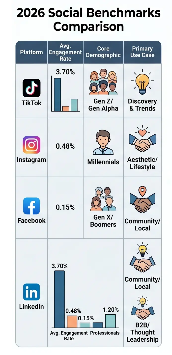 Comparative bar chart showing 2026 social media engagement rates and demographics, highlighting TikTok at 3.70% and LinkedIn at 1.20% as high-engagement platforms.