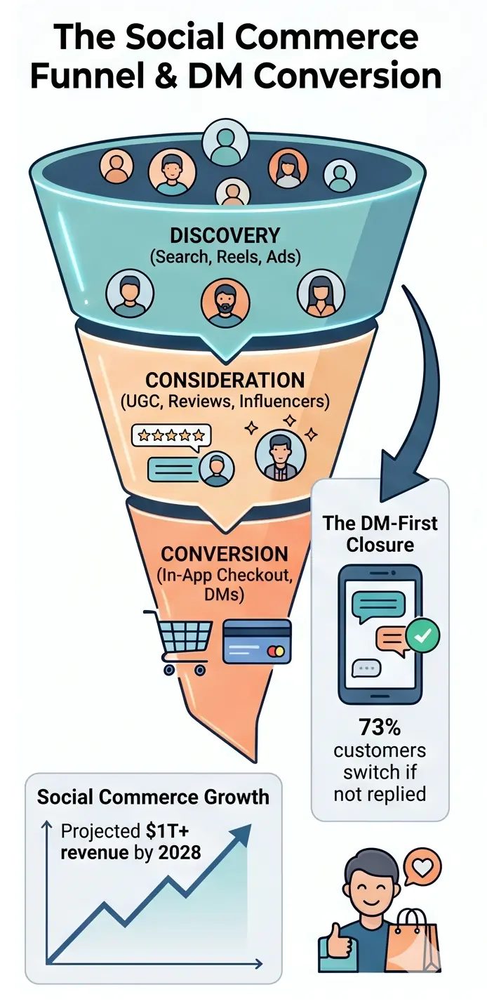 Marketing funnel graphic showing the transition from discovery and consideration to conversion, highlighting that 73% of customers switch brands if they don't receive a DM response.