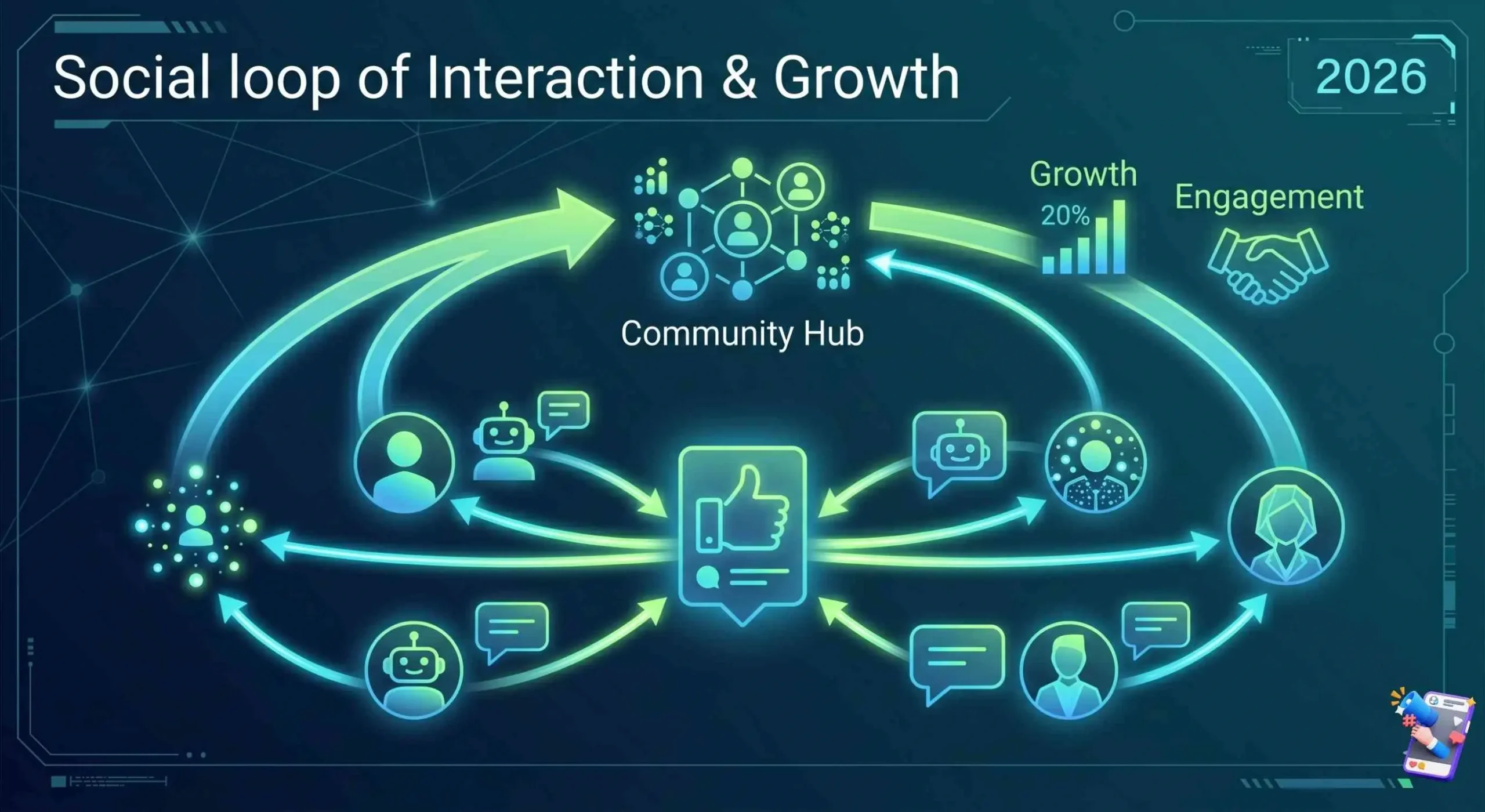 A cyclical infographic depicting the social media loop of interaction and growth, highlighting community hubs, automated chatbot replies, and audience engagement.