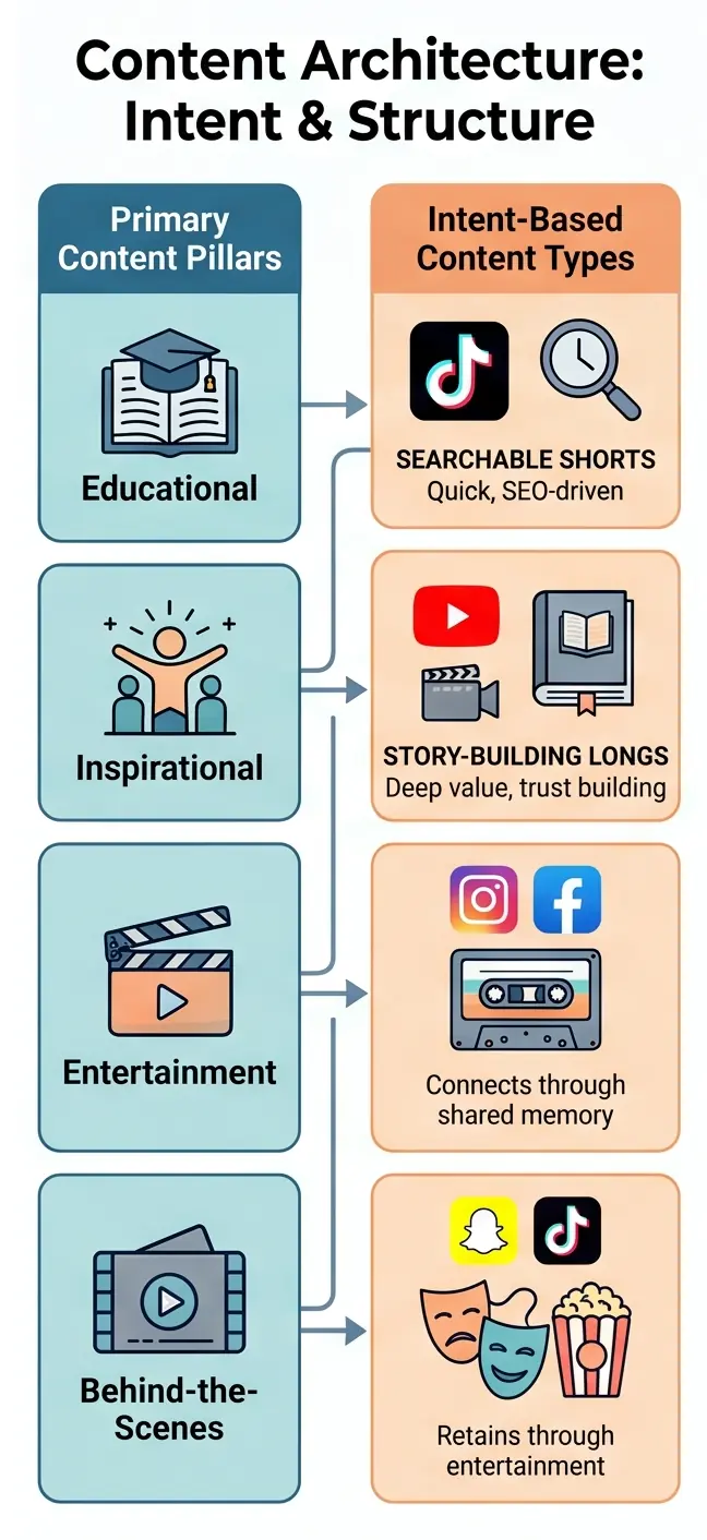A diagram illustrating types of social media marketing content, categorizing them into Educational, Inspirational, Entertainment, and Behind-the-Scenes pillars with corresponding platform icons like TikTok and YouTube.